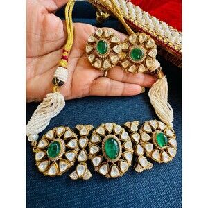 Emerald Doublet Green Kundan Moissanite Pearl Necklace Bollywood Indian Jewelry